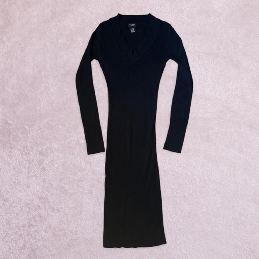 Bodycon ribbed knit black dress knee length long‎ sleeve stretch